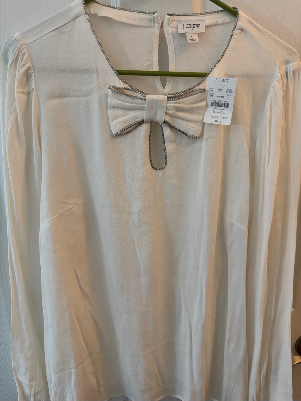 J. Crew Cream Bow-Accent Long-Sleeve Blouse with Contrast Trim